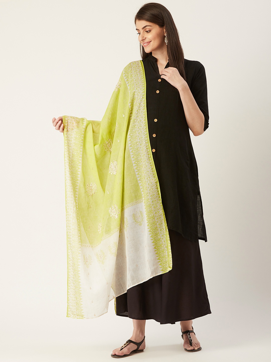 

W Women Lime Green & White Ethnic Printed Pure Cotton Dupatta