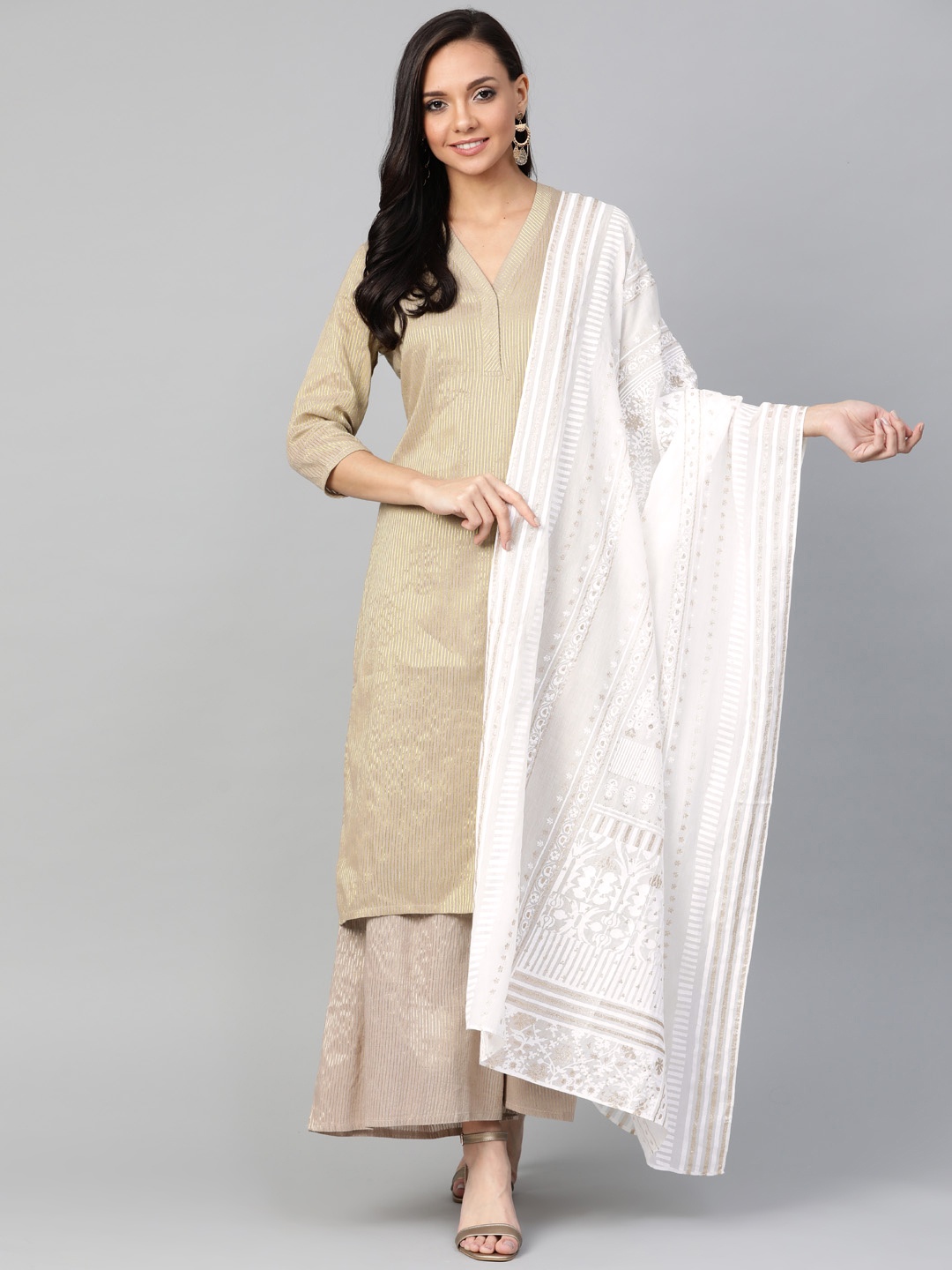

W White & Golden Printed Pure Cotton Dupatta