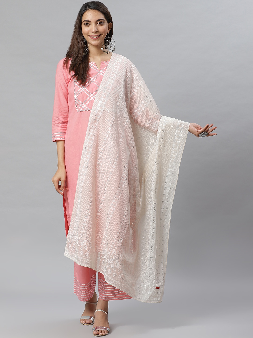 

W Beige & Silver Printed Pure Cotton Dupatta