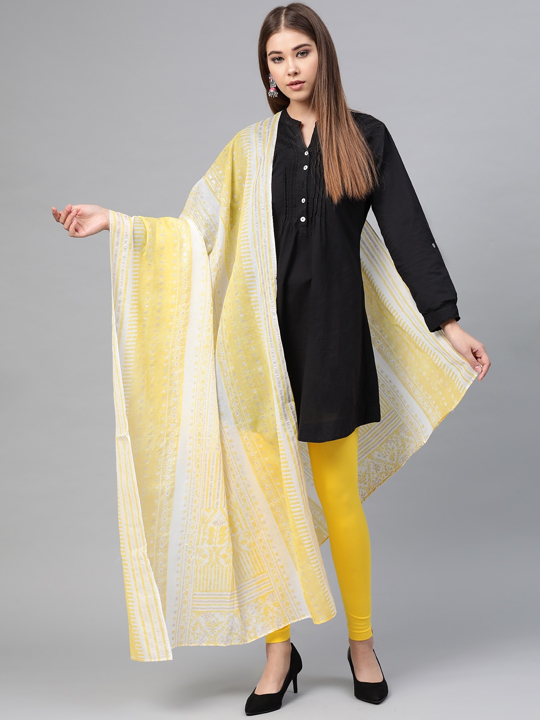 

W Yellow & White Printed Pure Cotton Dupatta