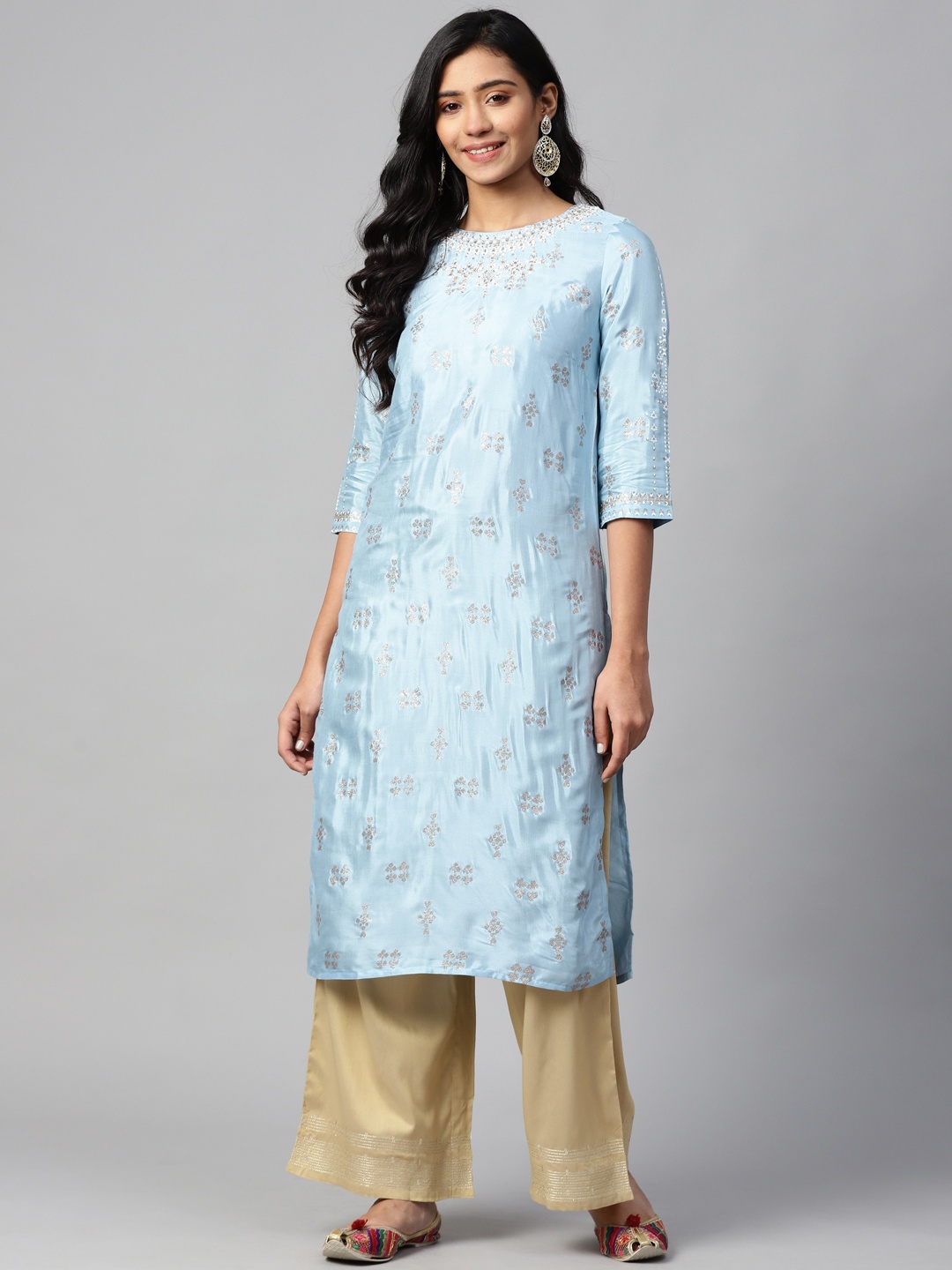 

W Women Blue & Silver Ethnic Printed Straight Kurta