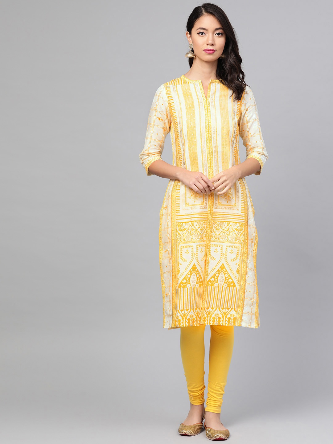 

W Women Off-White & Yellow Printed Straight Kurta