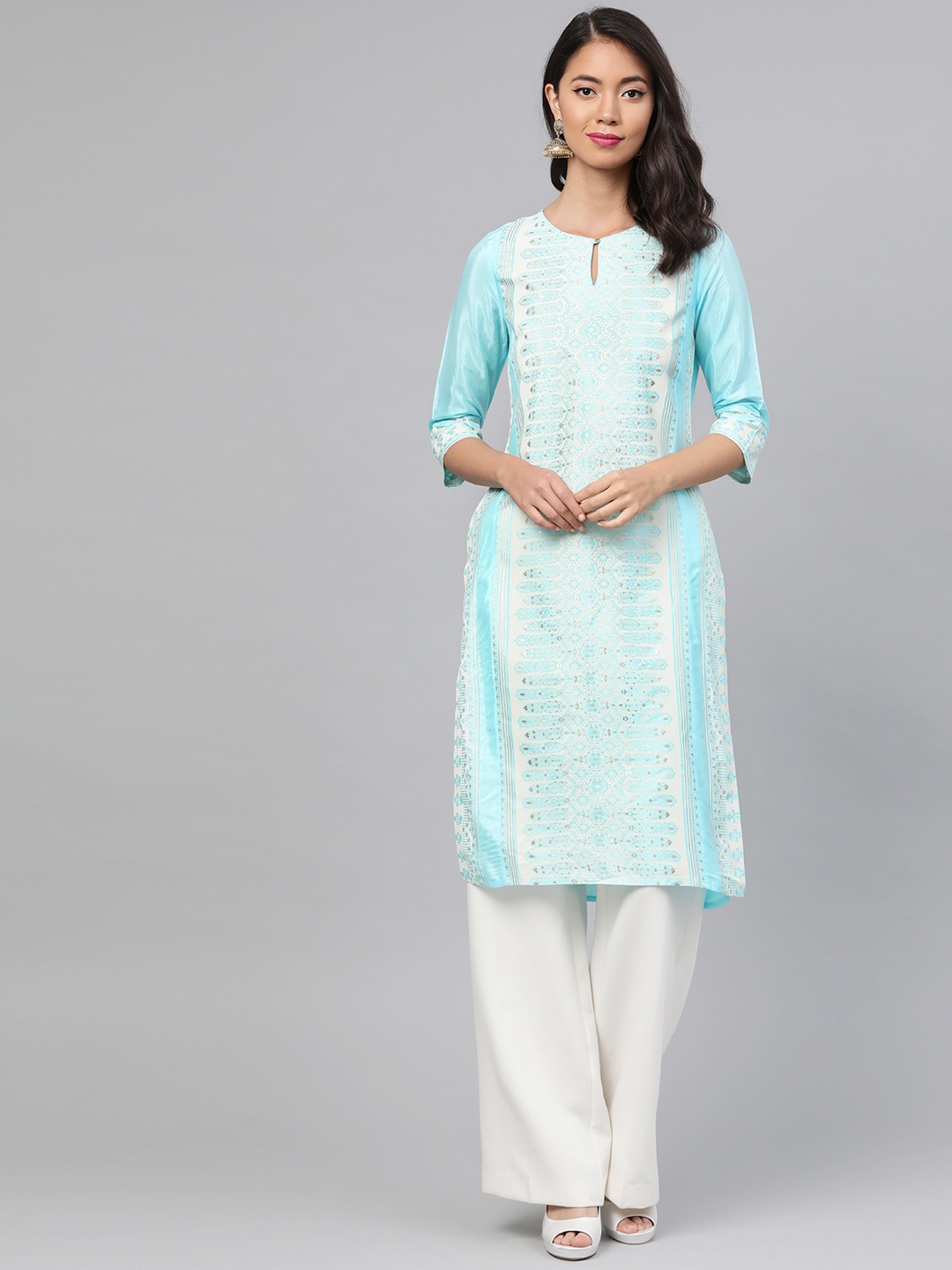 

W Women Blue & Off-White Printed Straight Kurta