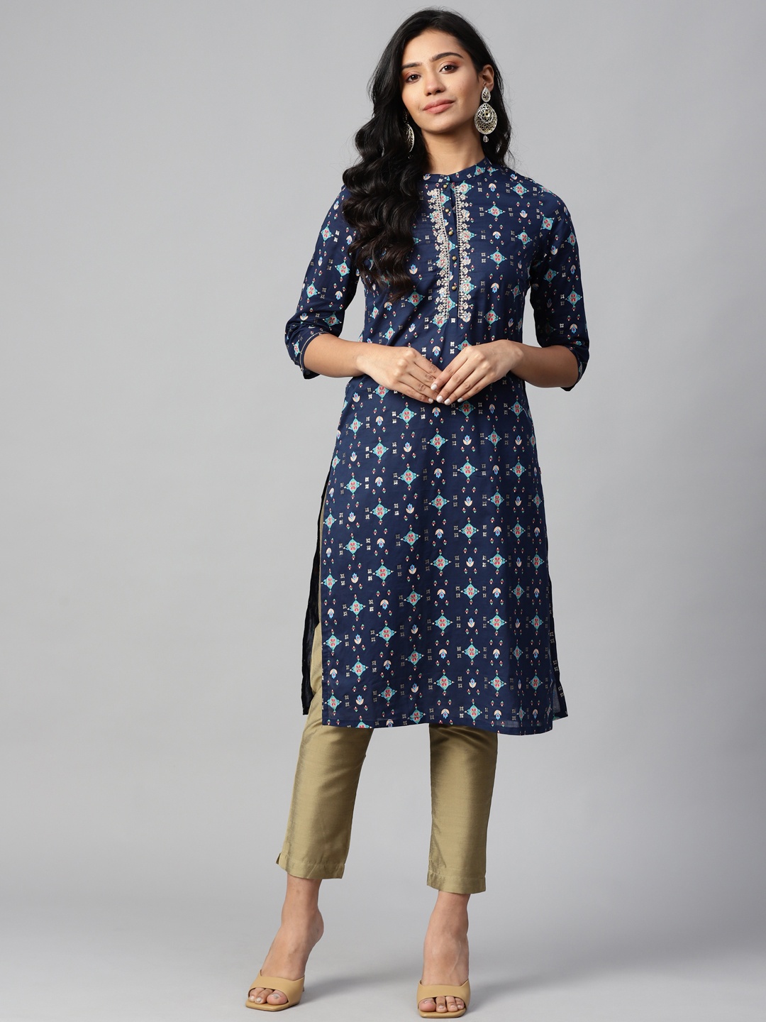 

W Women Navy Blue Ethnic Printed Straight Kurta