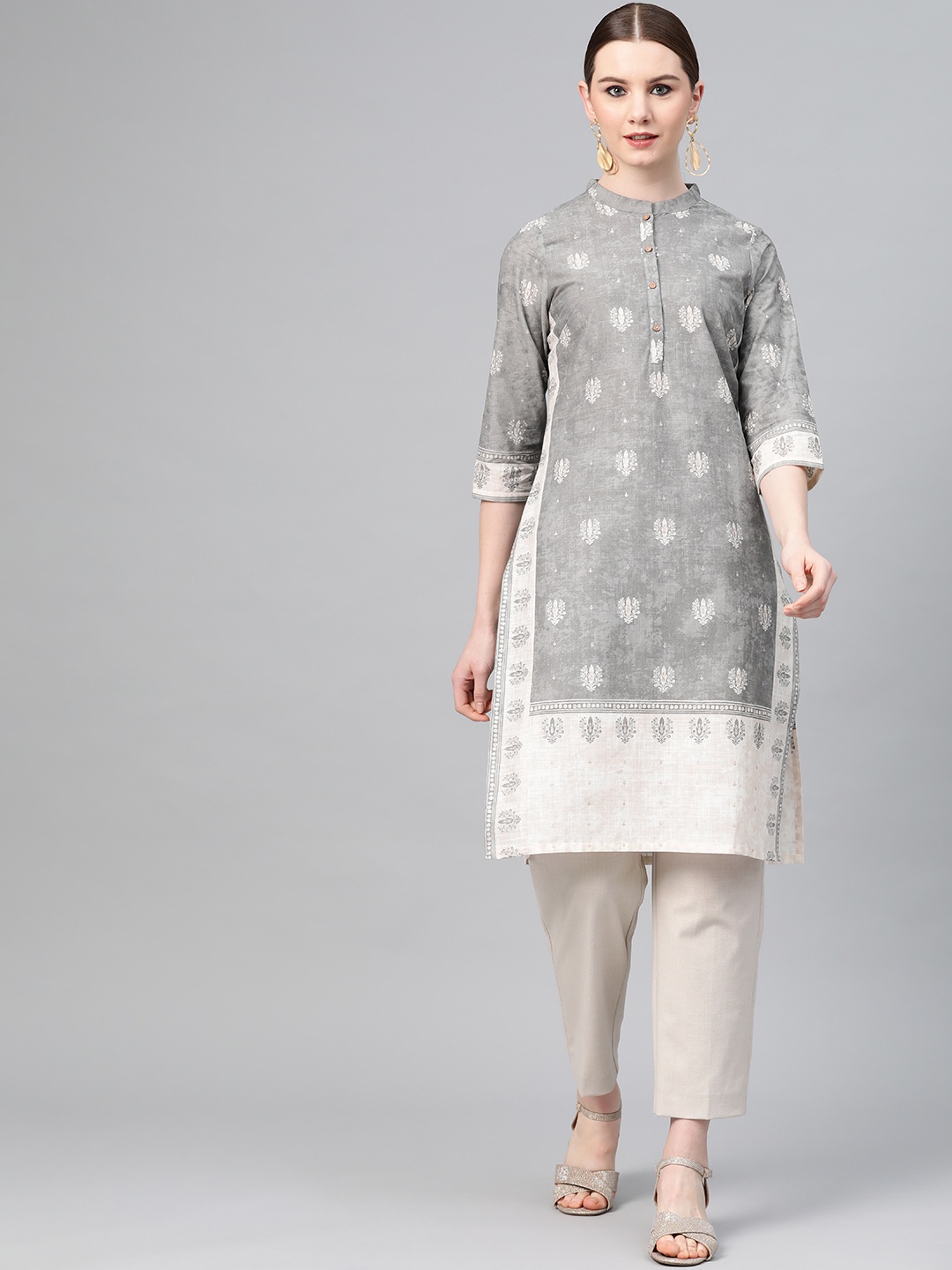 

W Women Charcoal Grey & Off-White Printed Straight Kurta