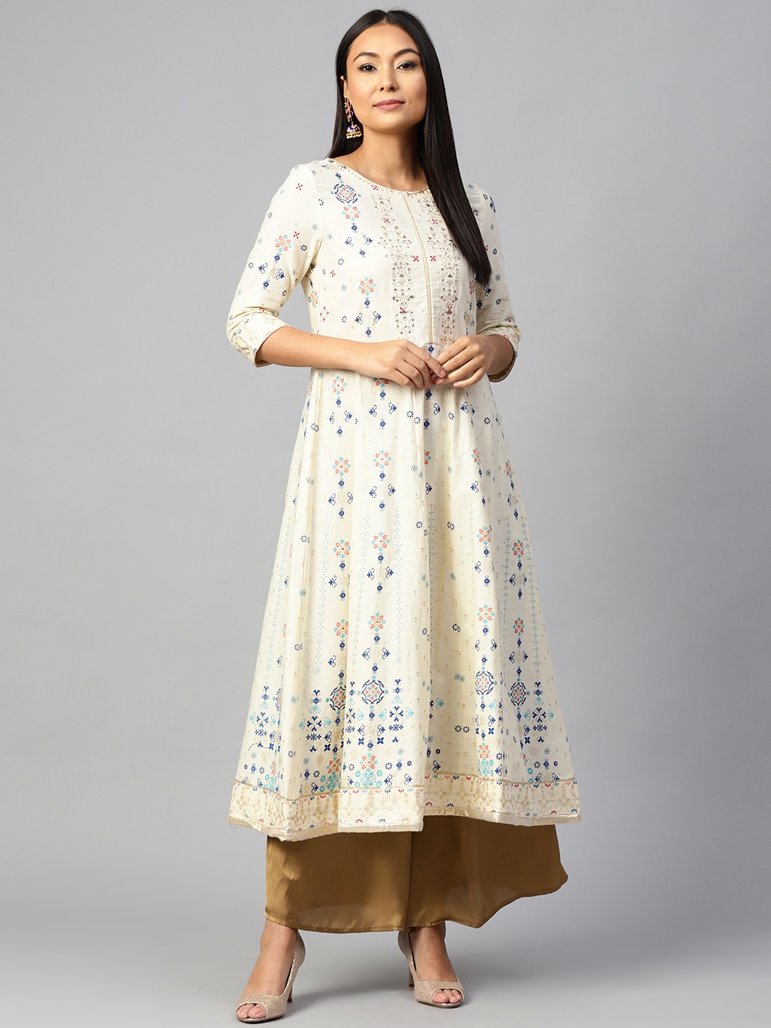 

W Women Off-White & Blue Printed Anarkali Kurta