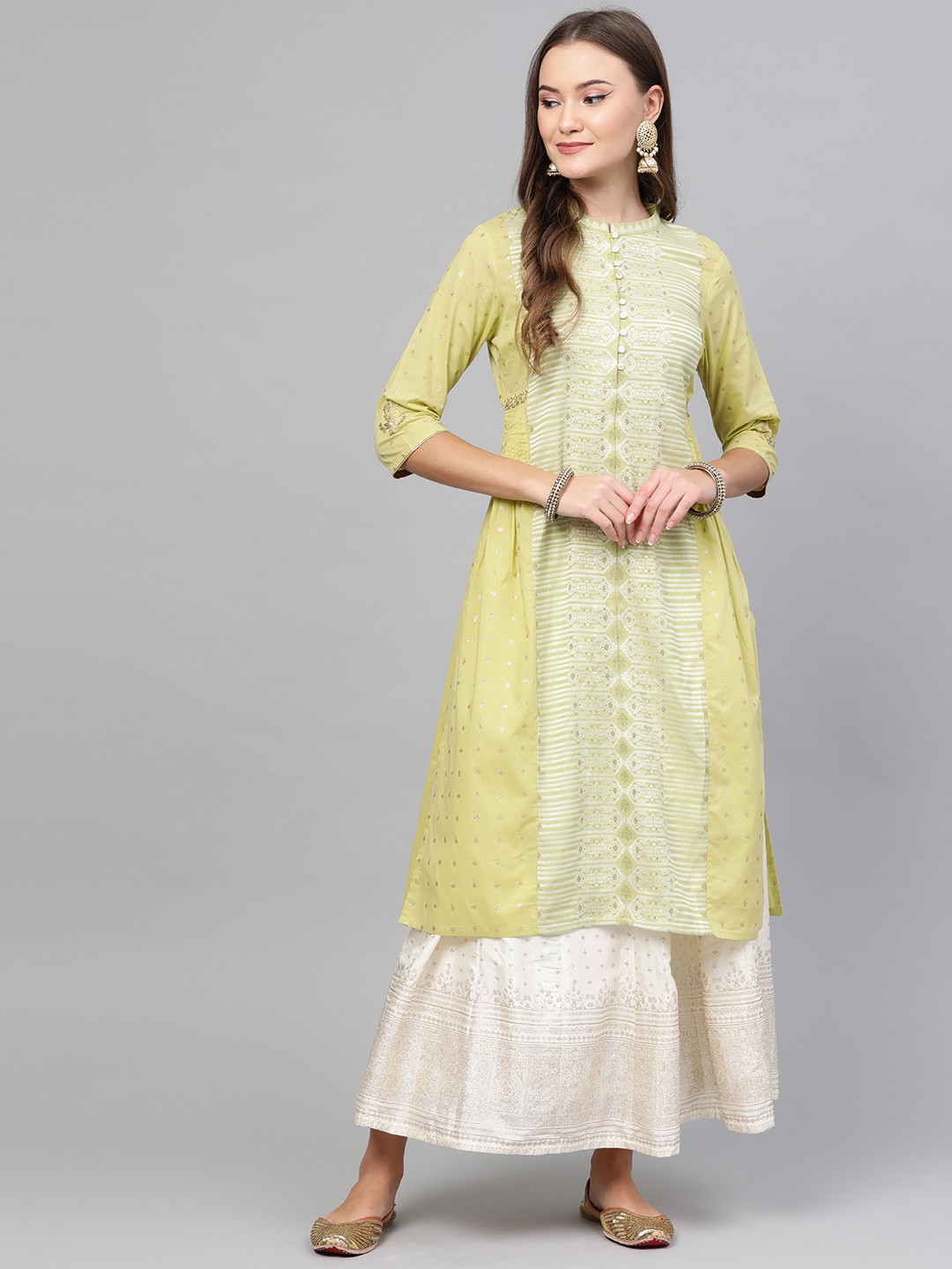 

W Women Green & Off-White Woven Design A-Line Kurta