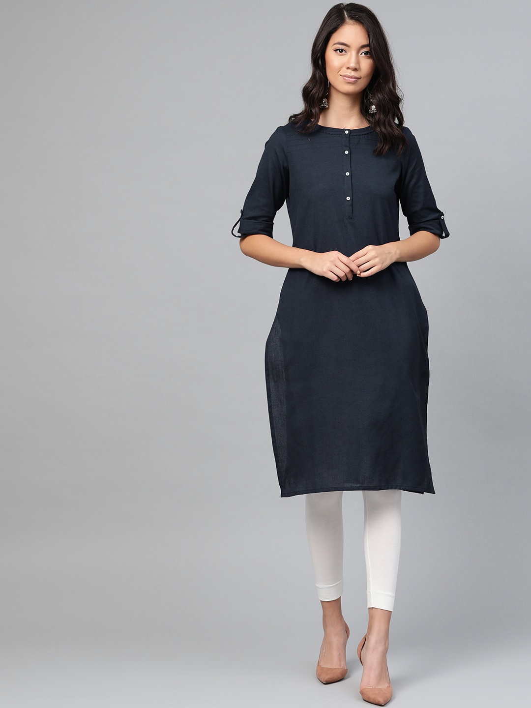 

W Straight Cotton Kurta, Navy blue