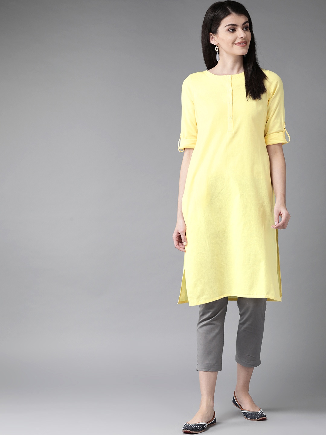 W Women Straight Cotton Kurta, Yellow