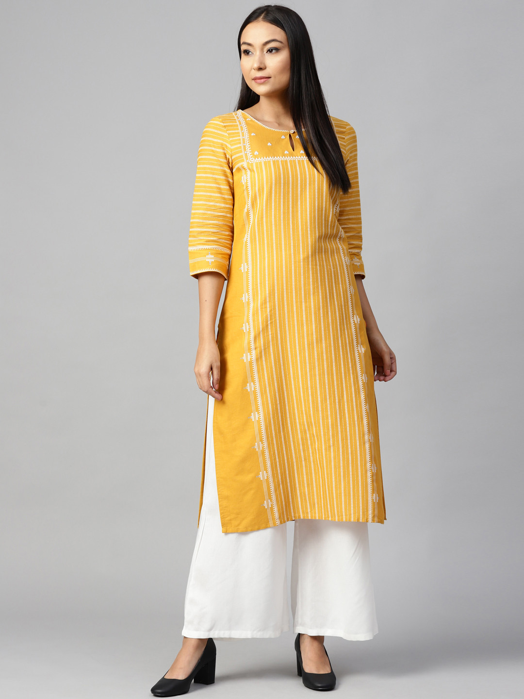

W Women Mustard Yellow & White Striped Straight Kurta