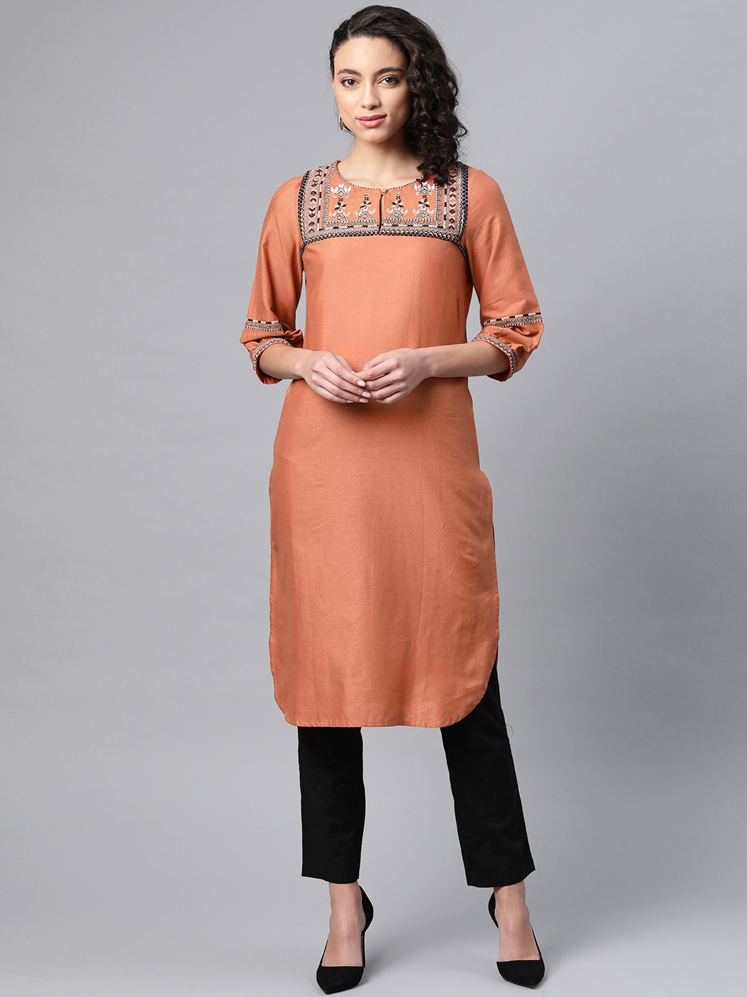 

W Women Rust Orange & Black Yoke Design Straight Kurta