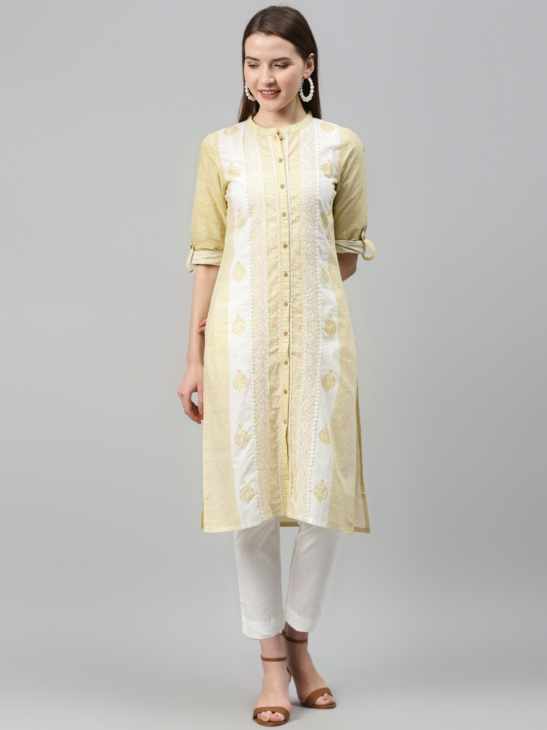 

W Women Yellow & Off-White Checked Straight Kurta