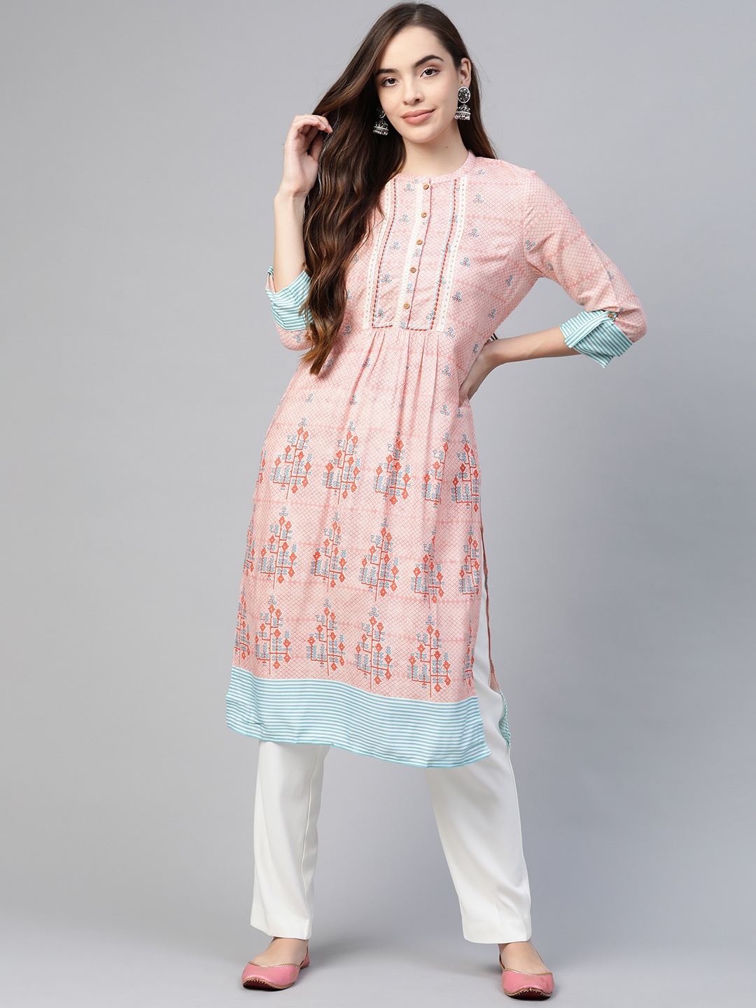 

W Women Pink & Blue Ethnic Motifs Printed Kurta With Thread Work