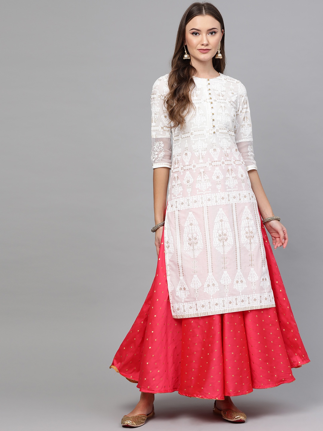 

W Women White & Golden Printed Straight Kurta