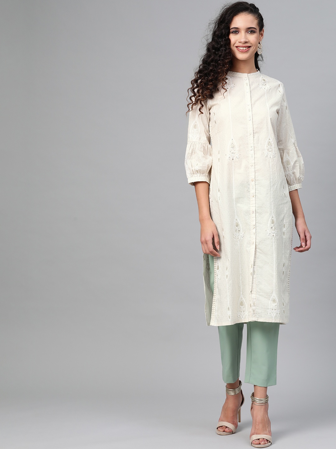 

W Women Off-White & Golden Striped Straight Kurta