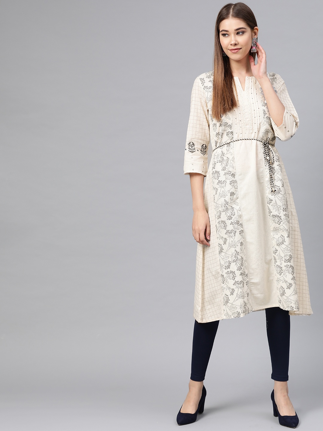 

W Women Beige & Black Printed A-Line Kurta
