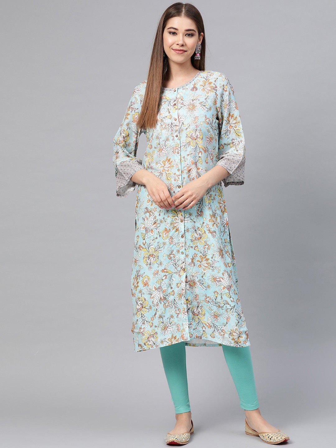 

W Women Blue & Brown Floral Print Straight Kurta