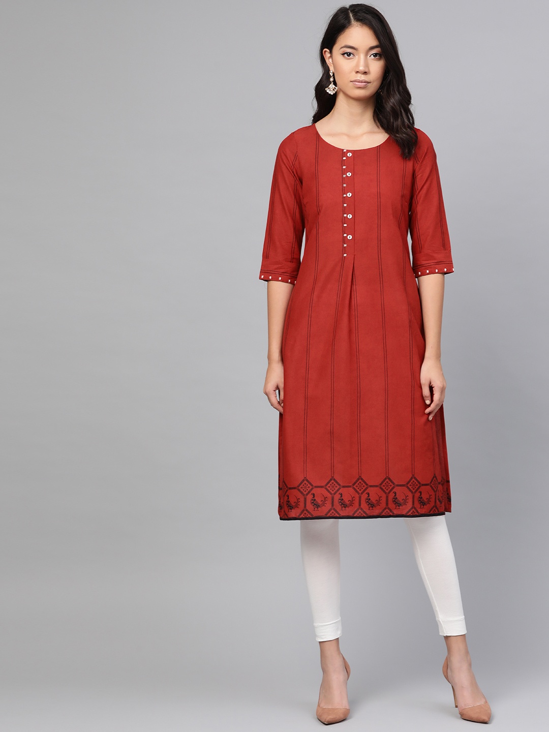 

W Women Straight Cotton Kurta, Red