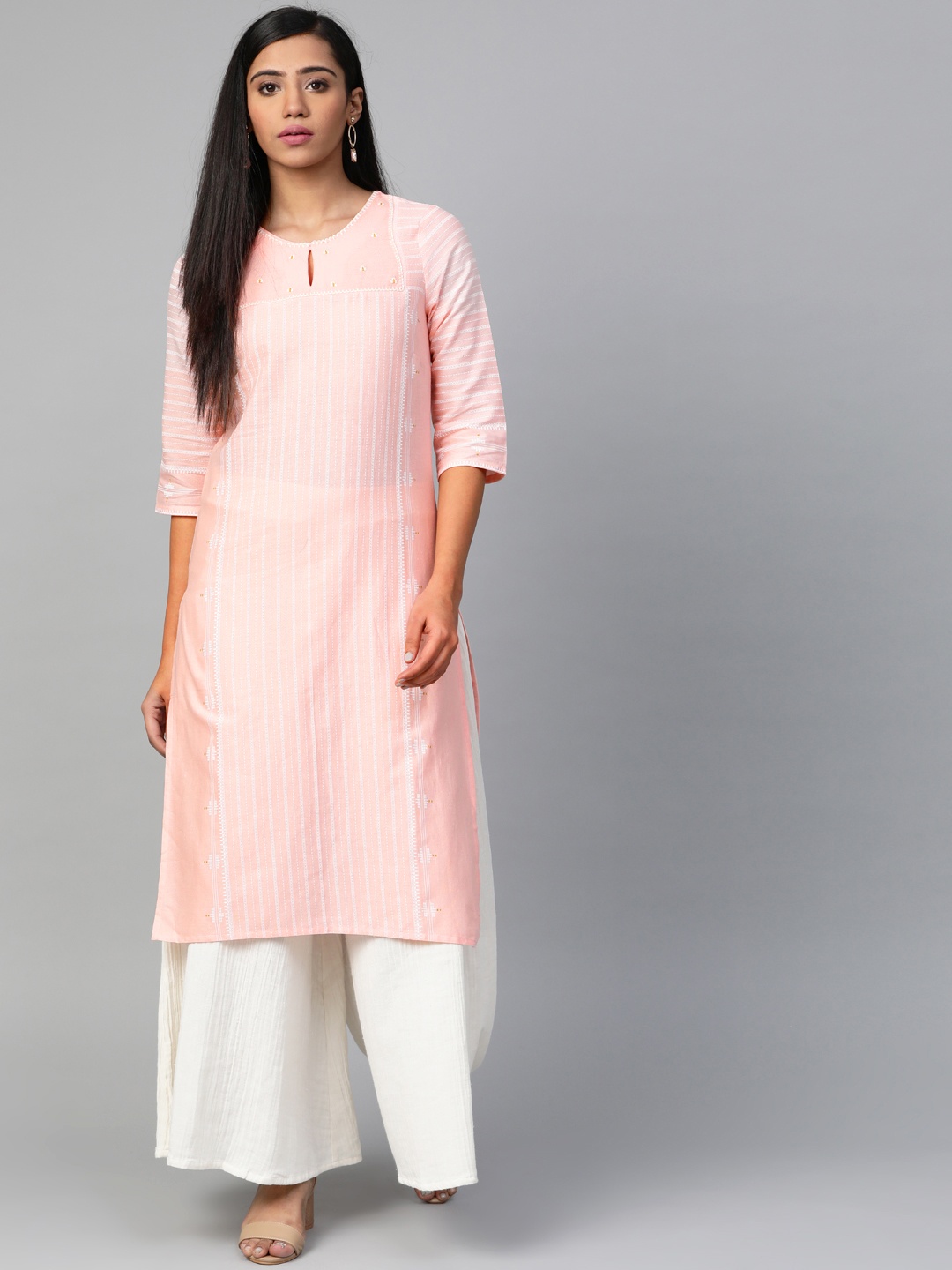 

W Women Pink & White Striped Straight Kurta