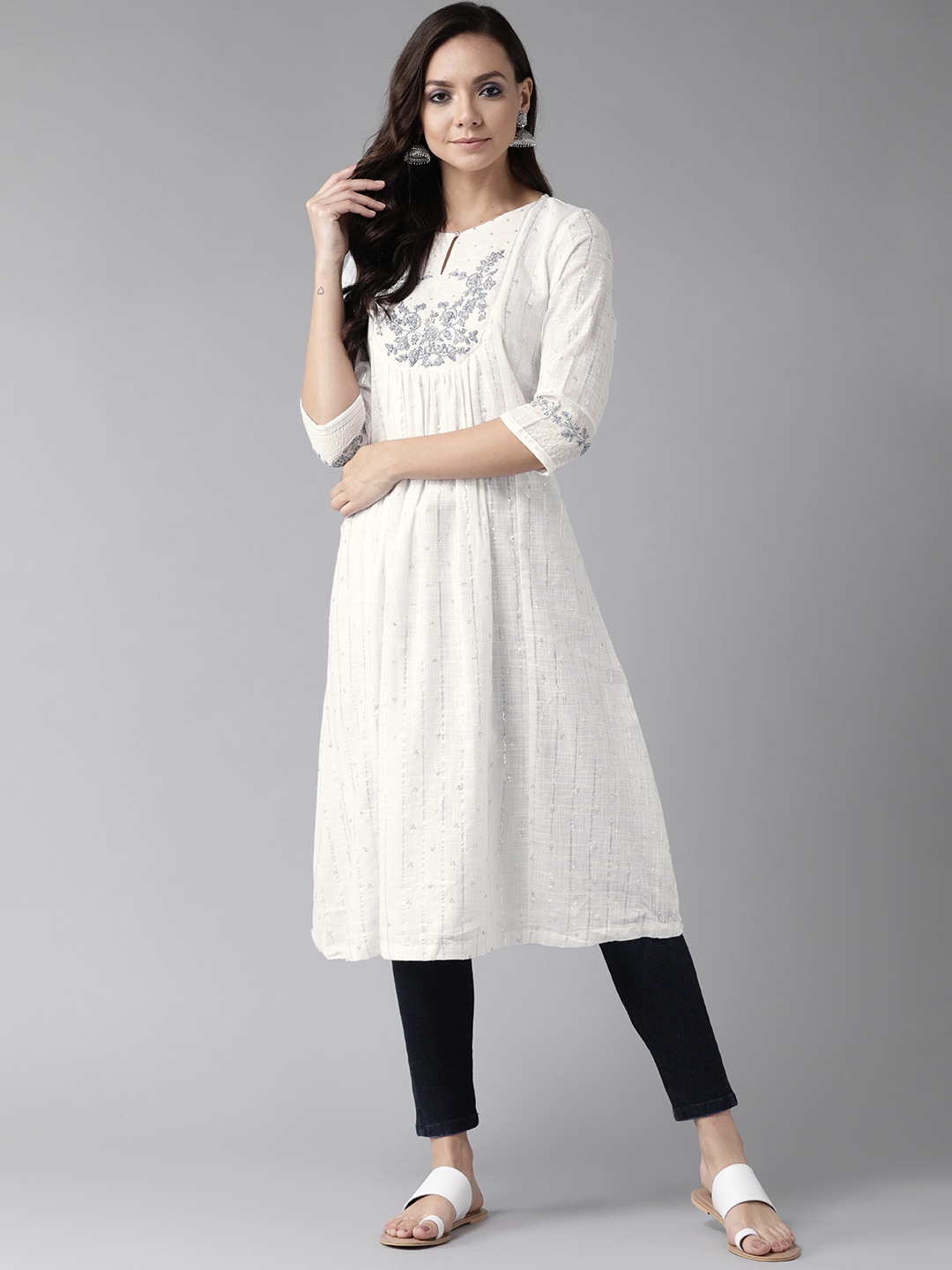 

W Women White & Silver Embellished A-Line Kurta