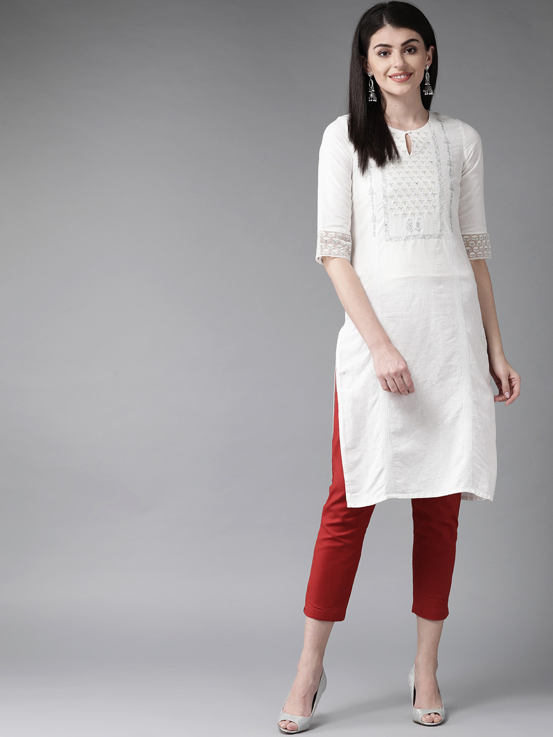 

W Women White Yoke Design Straight Kurta