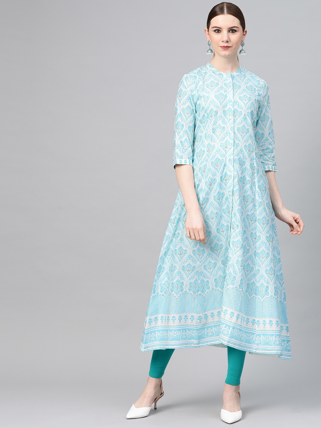 

W Women Blue & White Printed A-Line Kurta
