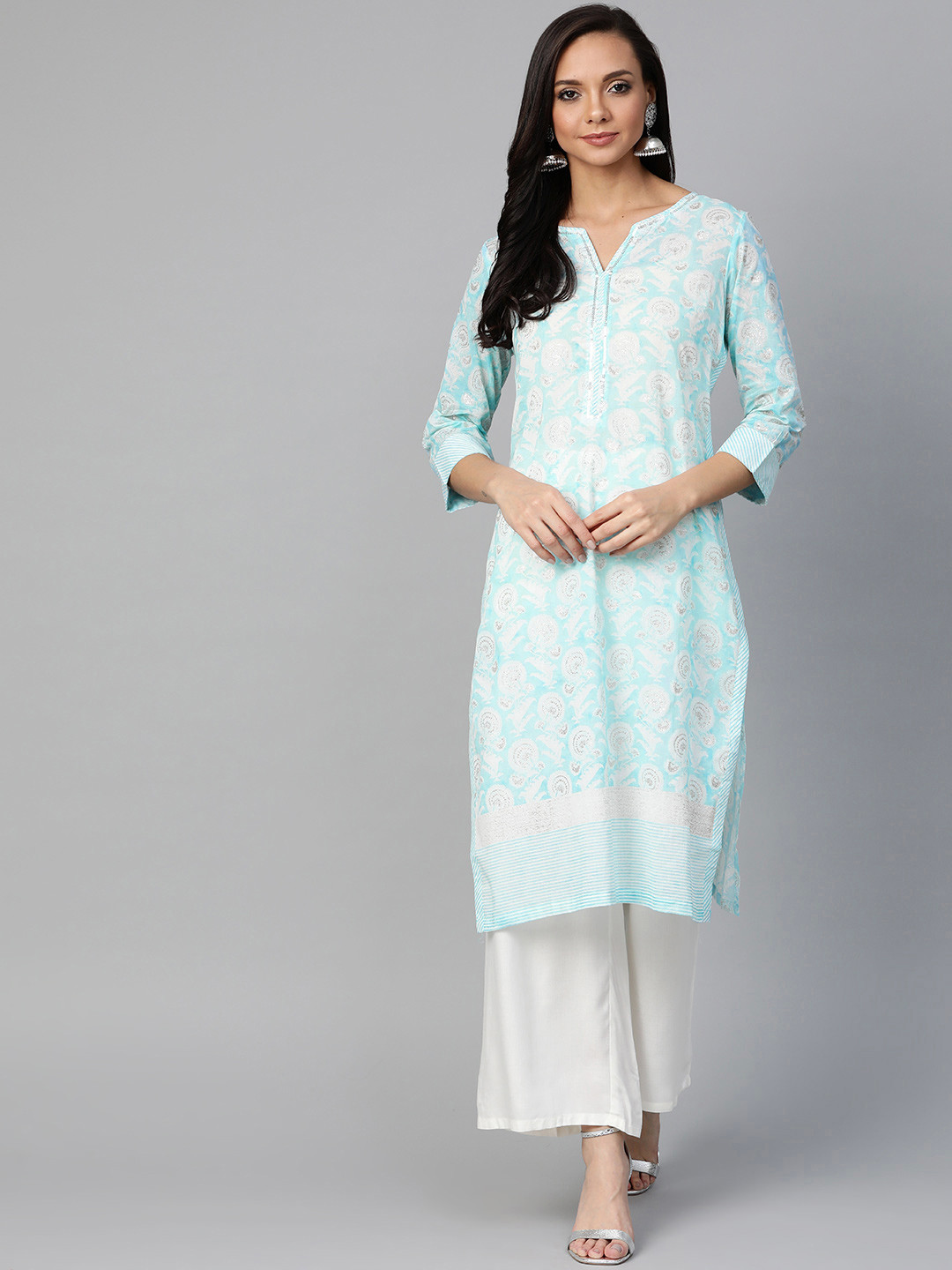 

W Women Blue & Silver Printed Straight Kurta