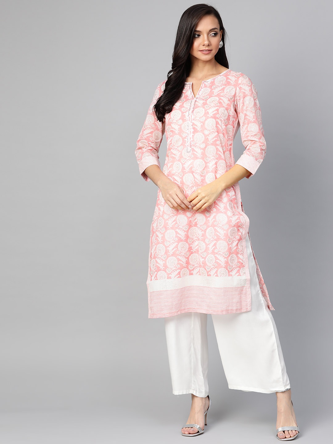 

W Women Pink & Silver Printed Straight Kurta