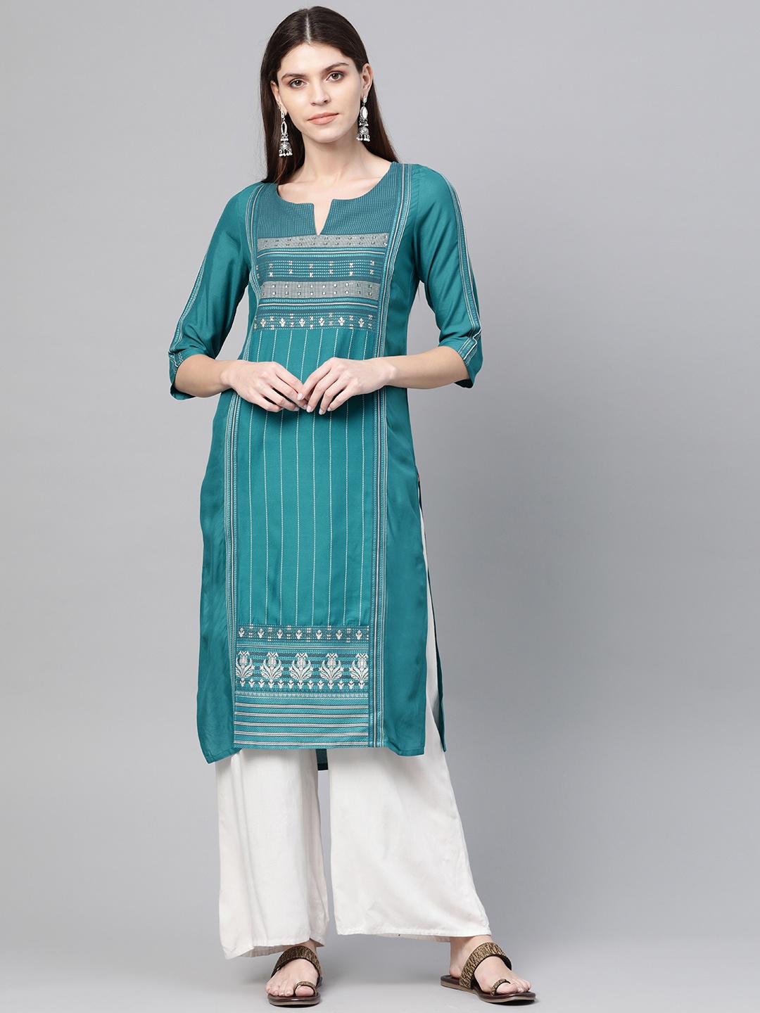 

W Women Teal Green & White Striped Straight Kurta