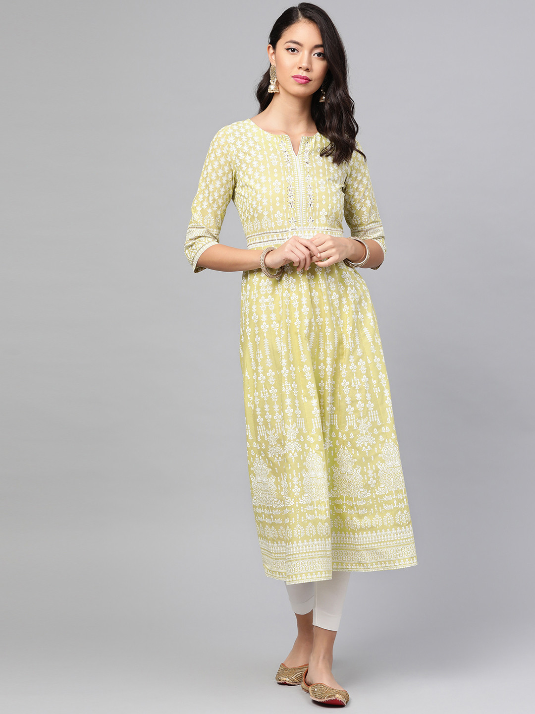 

W Women Green & White Printed A-Line Kurta