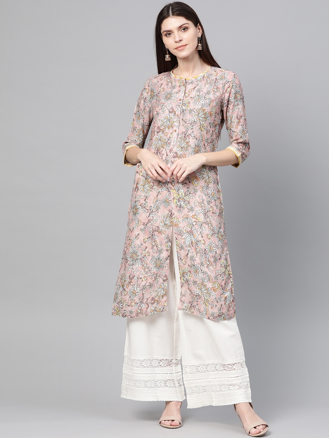 W Women Pink & Yellow Floral Print Straight Kurta