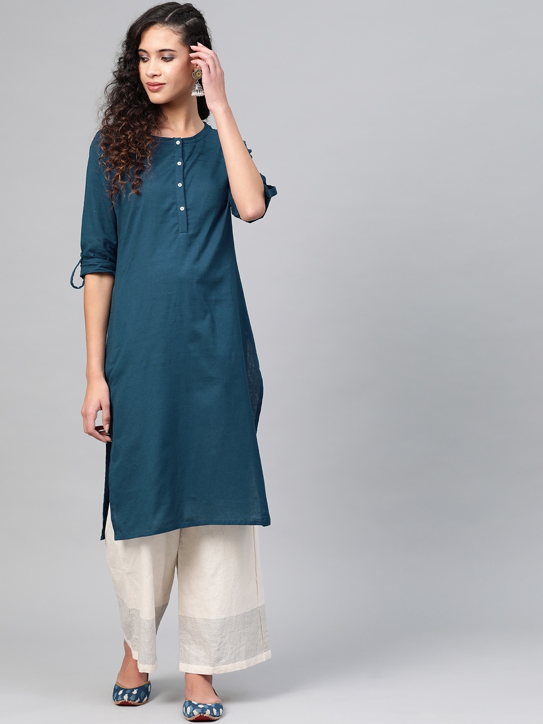 

W Women Straight Cotton Kurta, Teal