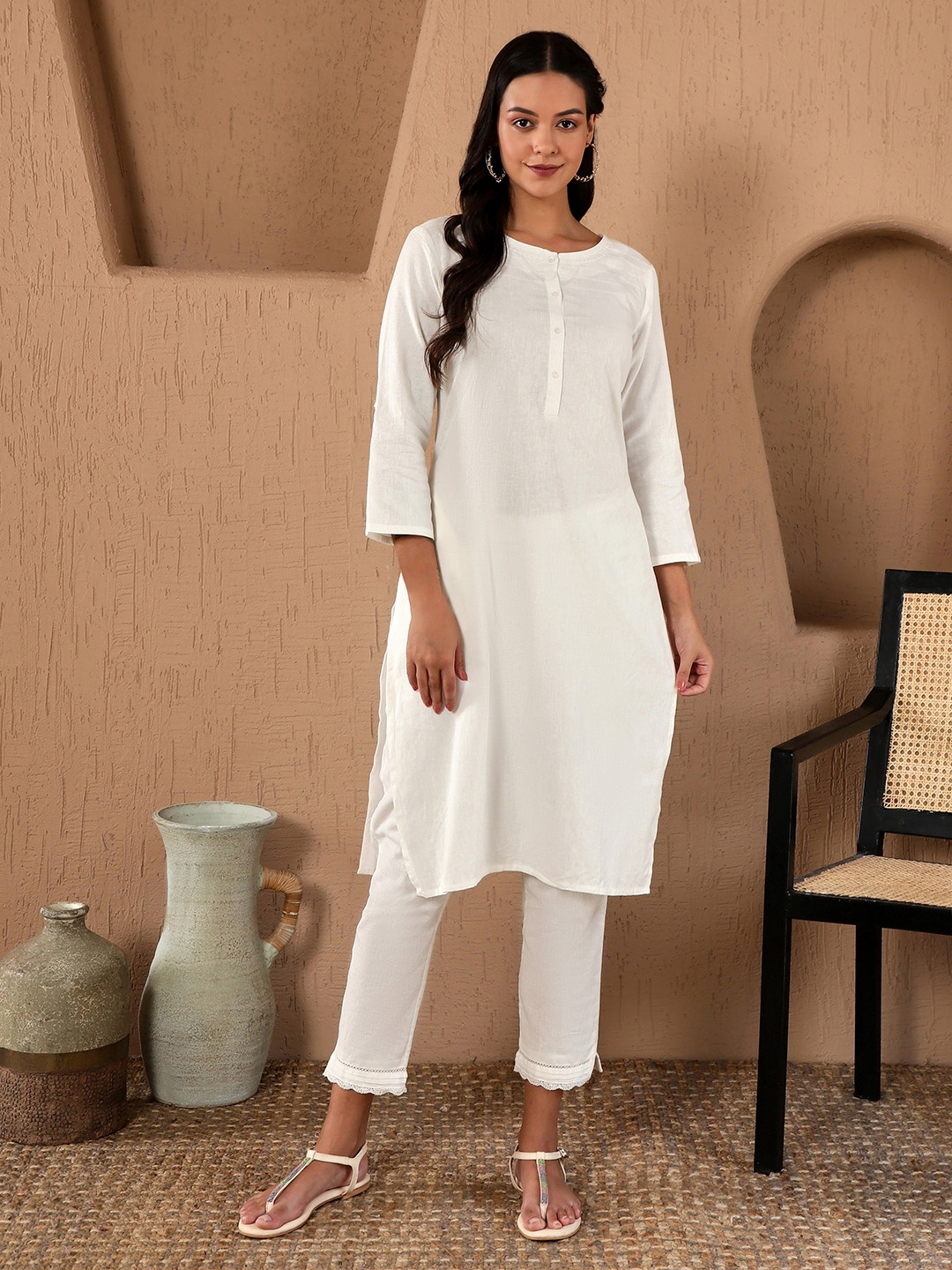 

W Women Straight Cotton Kurta, White
