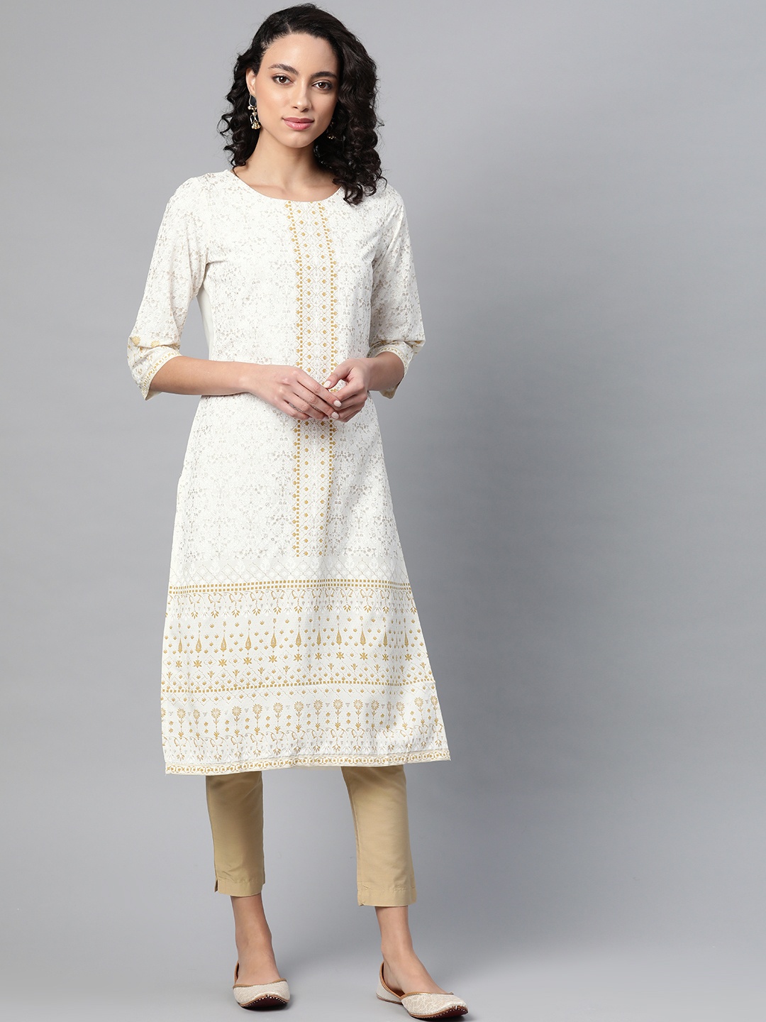 

W Women White & Golden Printed Straight Kurta