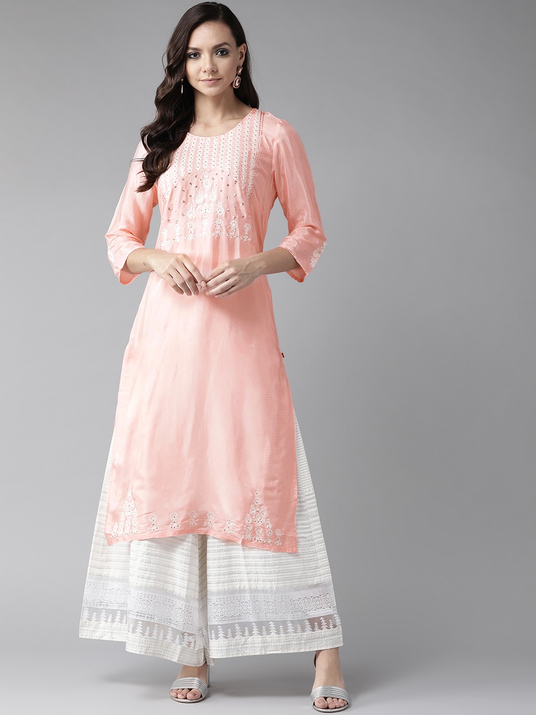 

W Women Peach-Coloured & White Yoke Design Straight Kurta