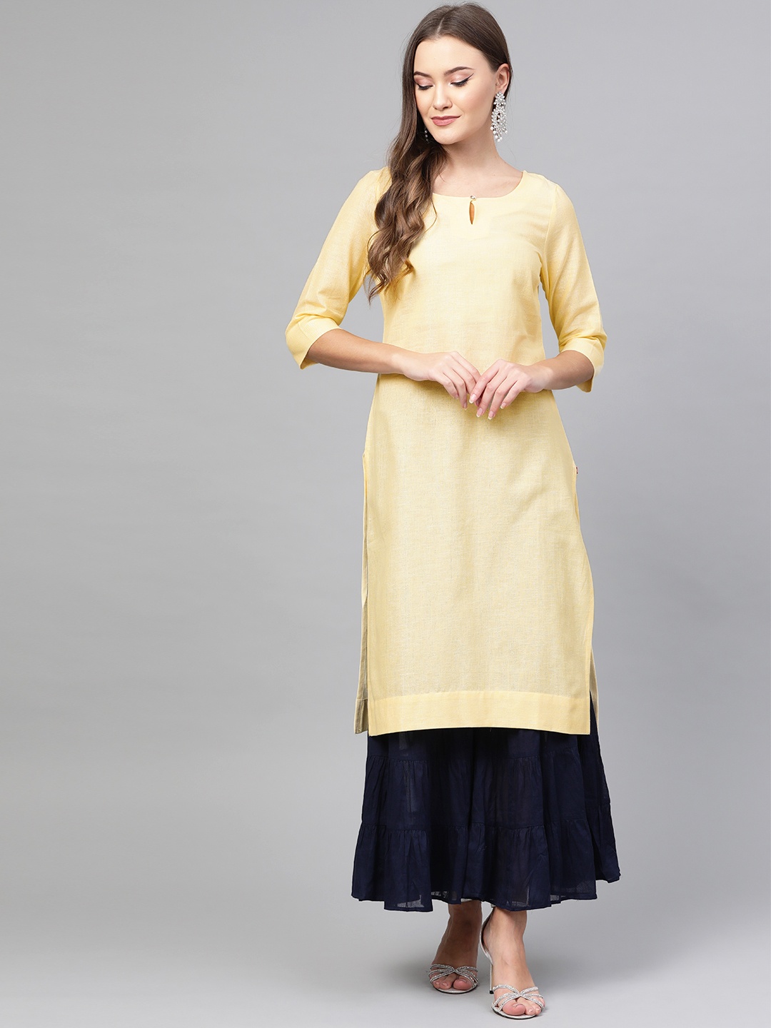 

W Women Yellow & Silver Striped Straight Kurta