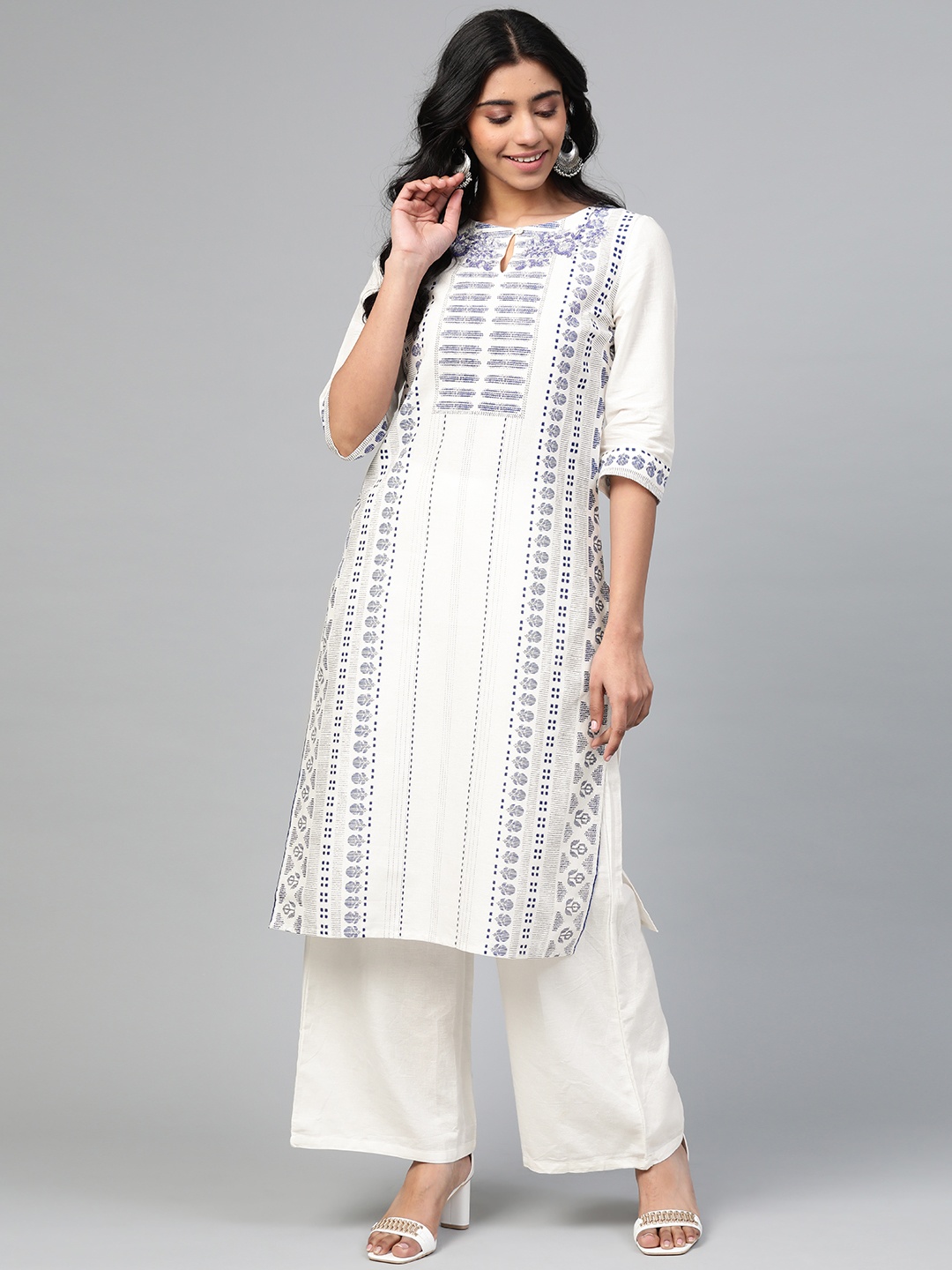 

W Women White & Blue Printed Straight Kurta