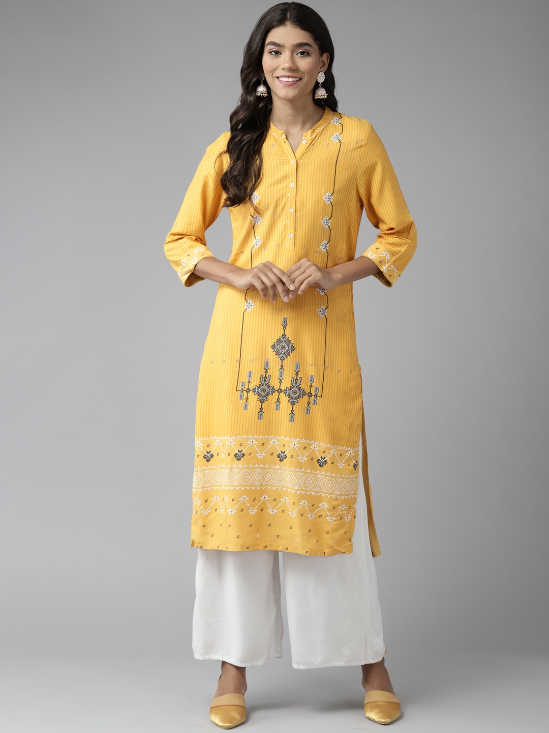

W Women Mustard Yellow & Black Ethnic Motifs Printed Kurta