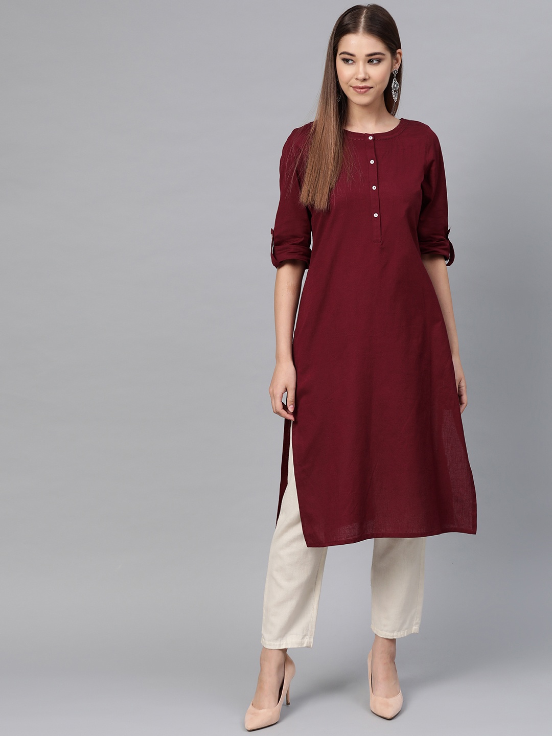 

W Straight Cotton Kurta, Maroon