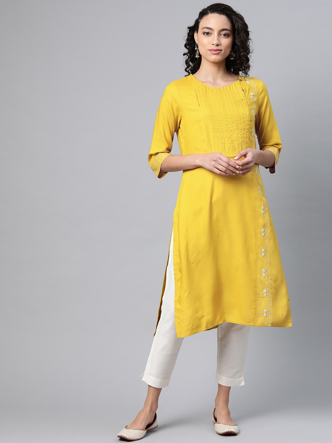 

W Women Mustard Yellow Embroidered Detail Straight Kurta