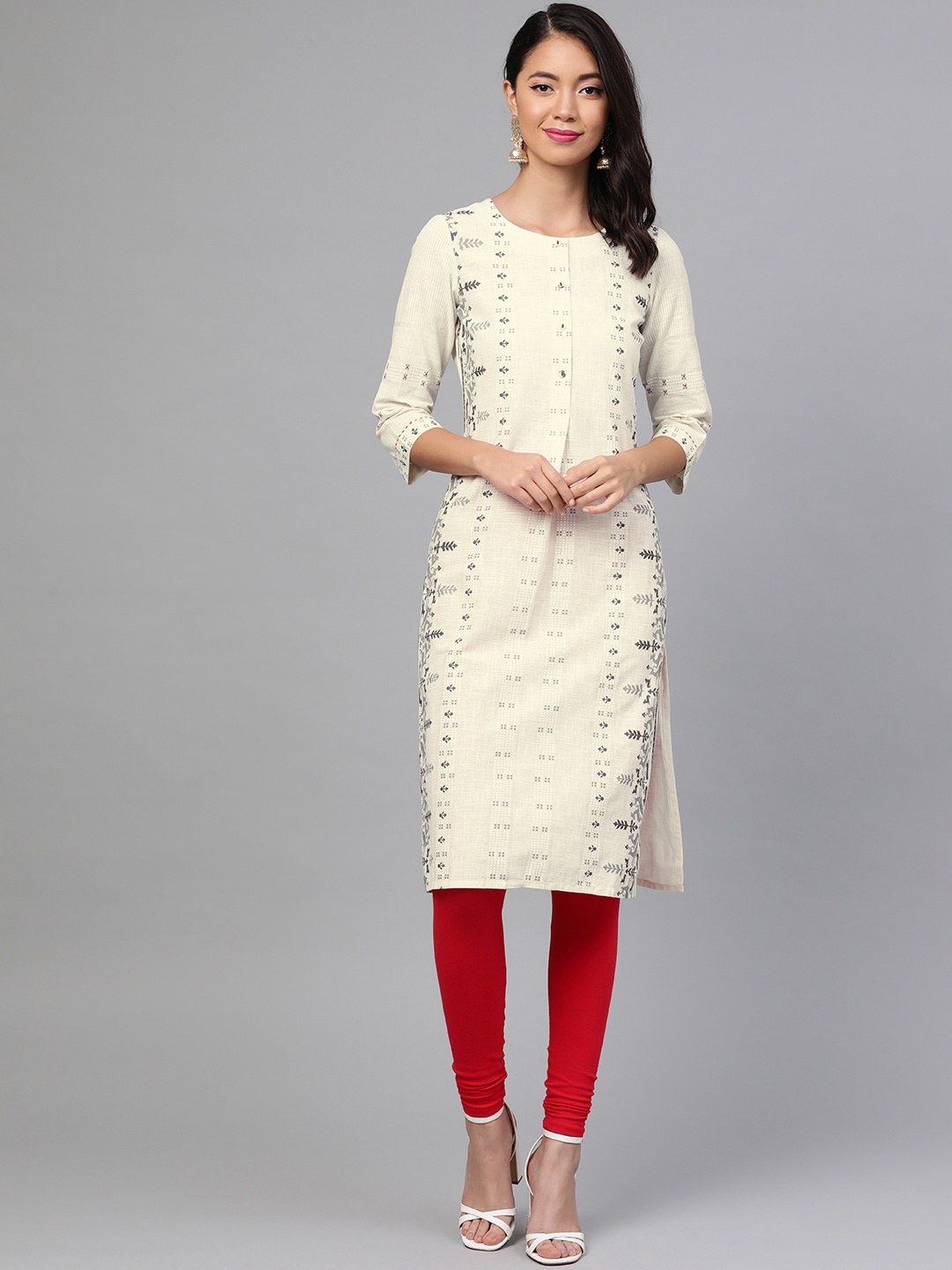 

W Women White & Grey Printed Straight Kurta