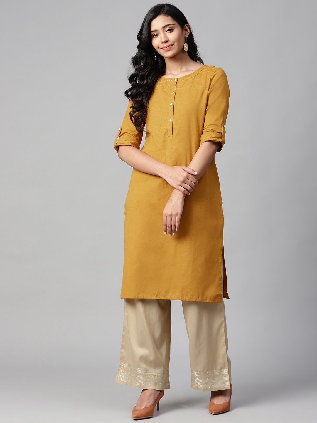 

W Women Mustard Yellow Solid Straight Kurta