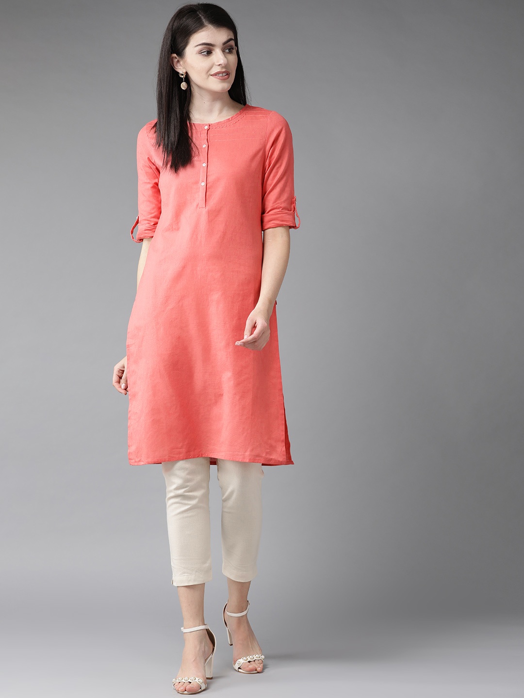 

W Women Coral Orange Solid Straight Kurta