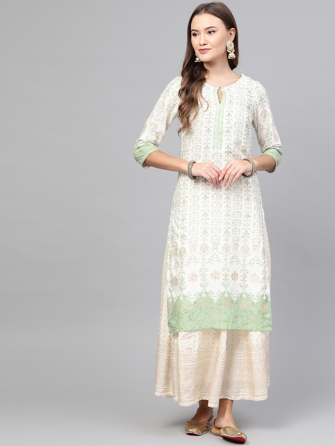 

W Women White & Green Printed Straight Kurta