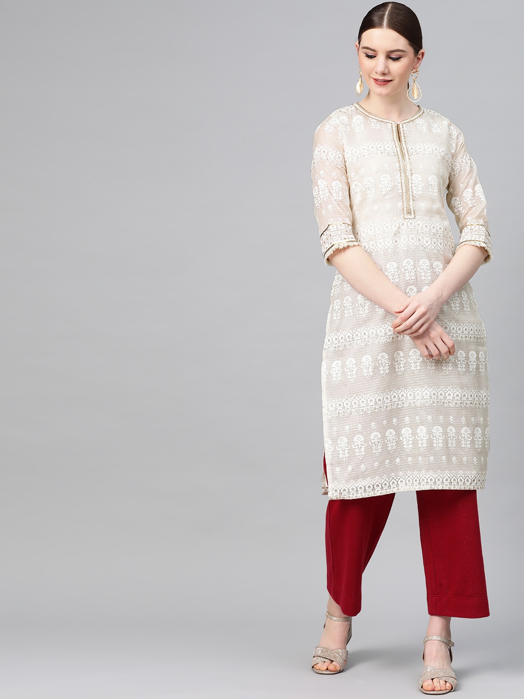 

W Women Off-White & Golden Printed Straight Kurta