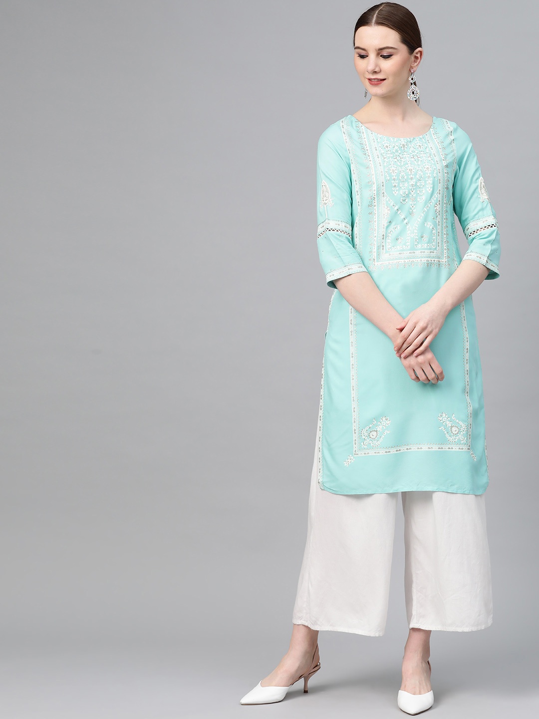 

W Women Blue & White Printed Straight Kurta