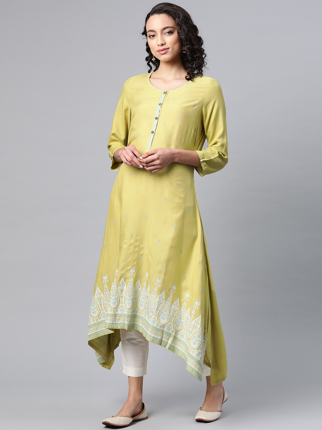 

W Women Green & Off-White Printed A-Line Kurta