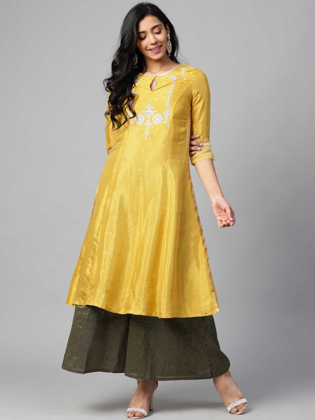 

W Women Mustard Yellow & White Embroidered A-Line Kurta