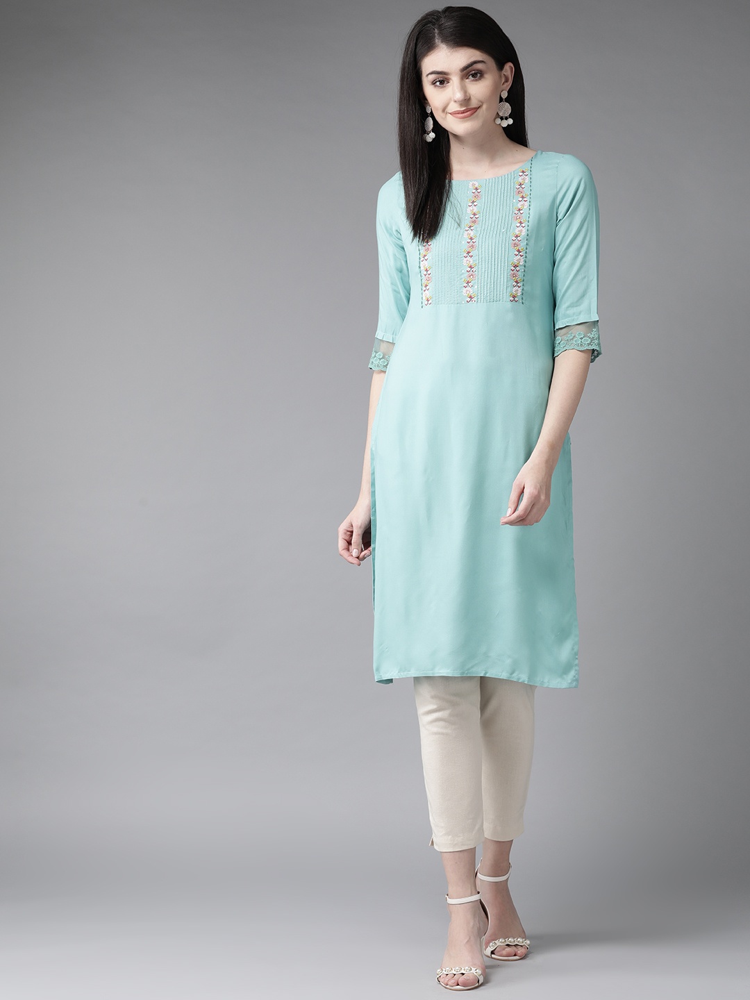 

W Women Blue Yoke Design Straight Kurta