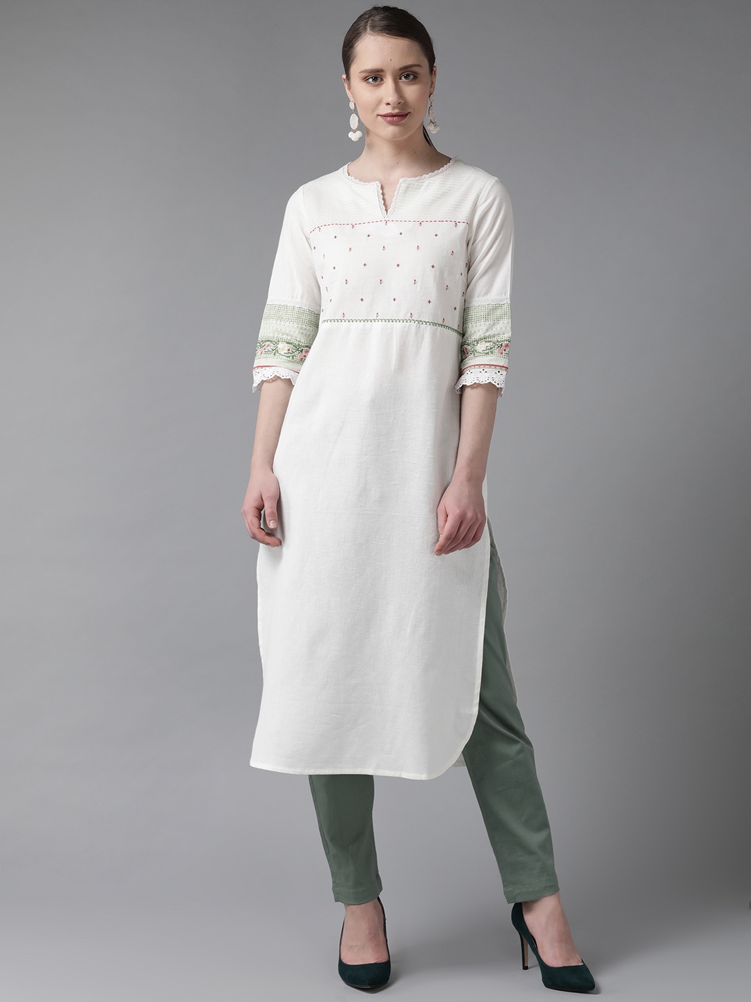 

W Women Straight Cotton Kurta, Off white